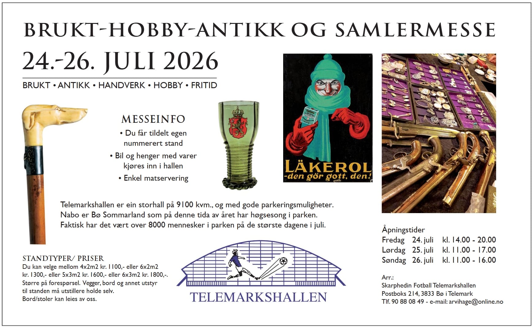 Alt-tekst: Plakat for Brukt-Hobby-Antikk messe 24-26 juli 2026 i Telemarkshallen, med detaljert messeinfo og åpningstider.