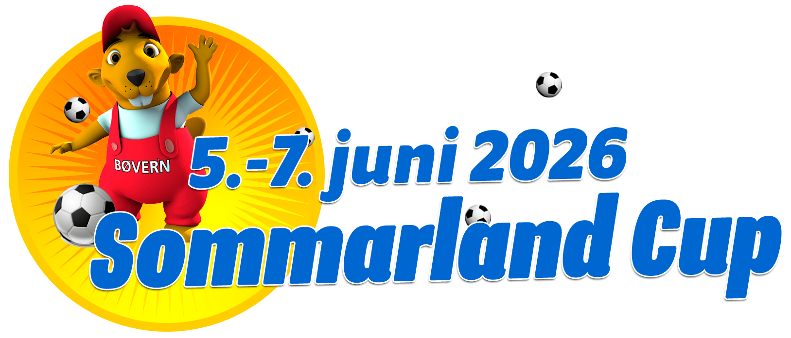 Sommarland Cup 2026: 5.-7. juni med Bøvern-mascot og fotballer i bakgrunnen.