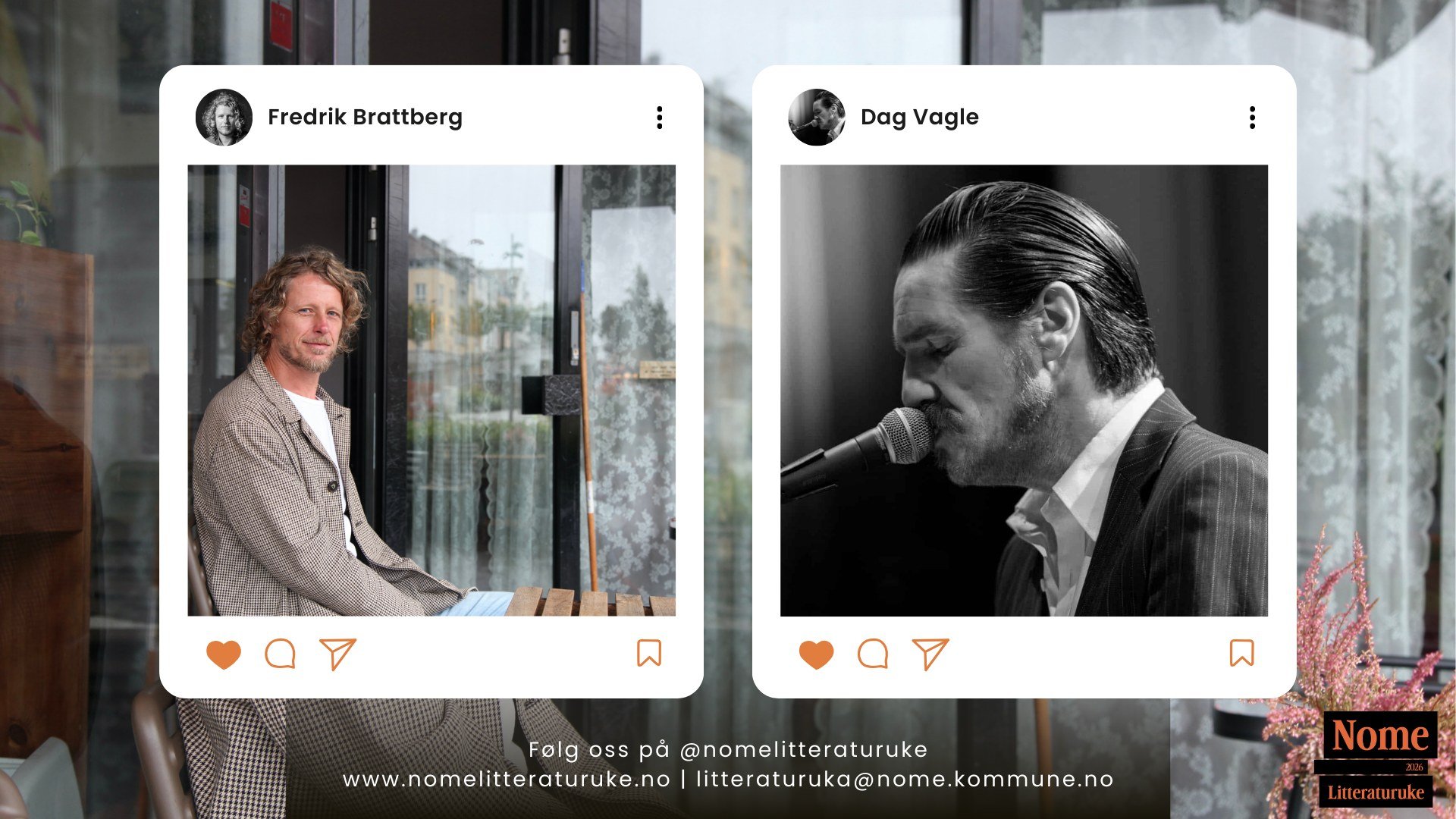 To menn under Nome Litteraturuke plakater. En sitter, en synger. Følg @nomelitteraturuke for mer.