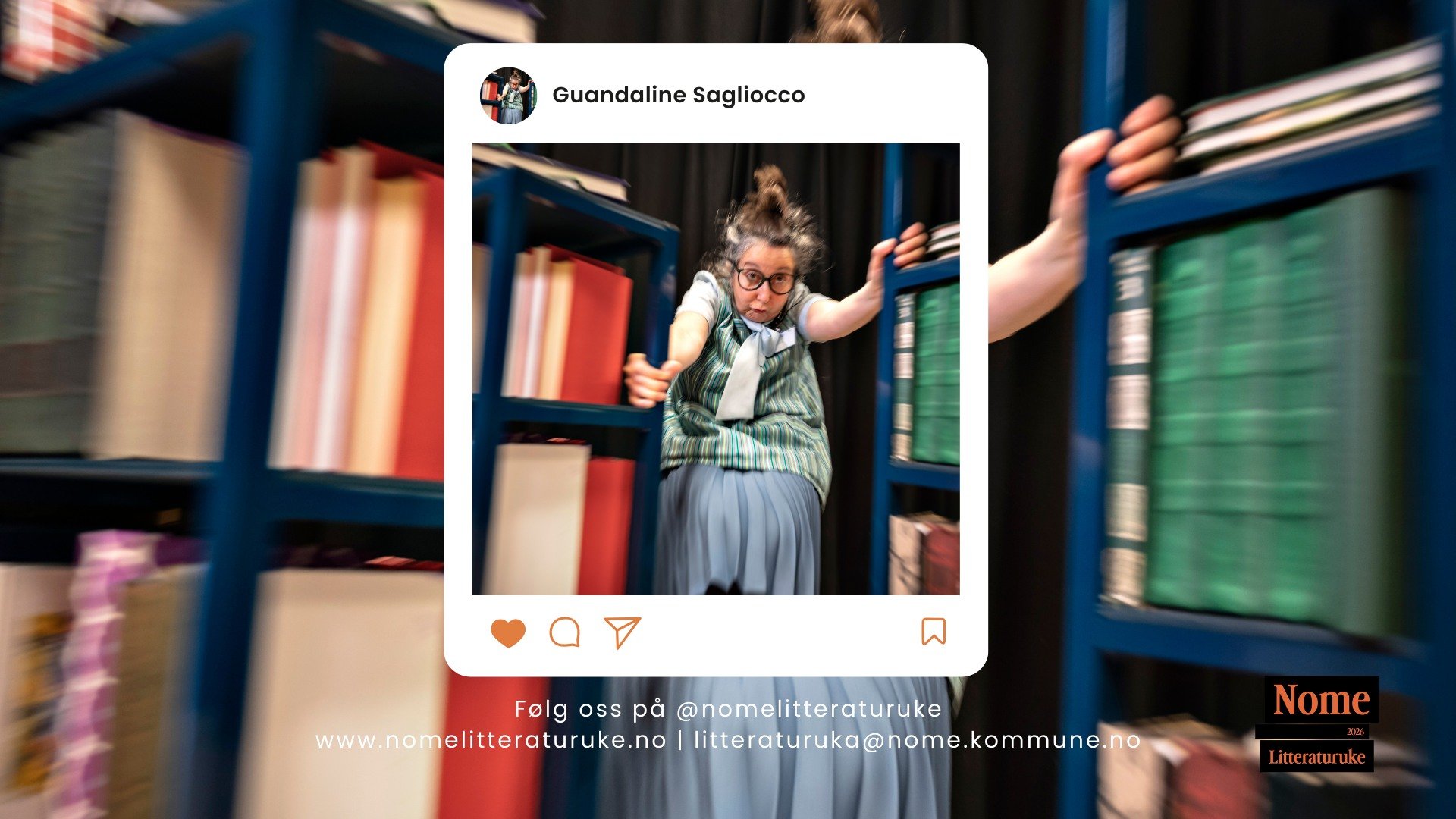 En kvinne i bibliotek, sprø uttrykk, Nome Litteraturuke promo. Følg oss på www.nomelitteraturuke.no.