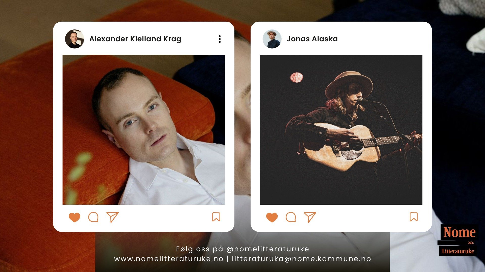 To menn, den ene på en sofa, den andre spiller gitar, promotering av Nome Litteraturuke.