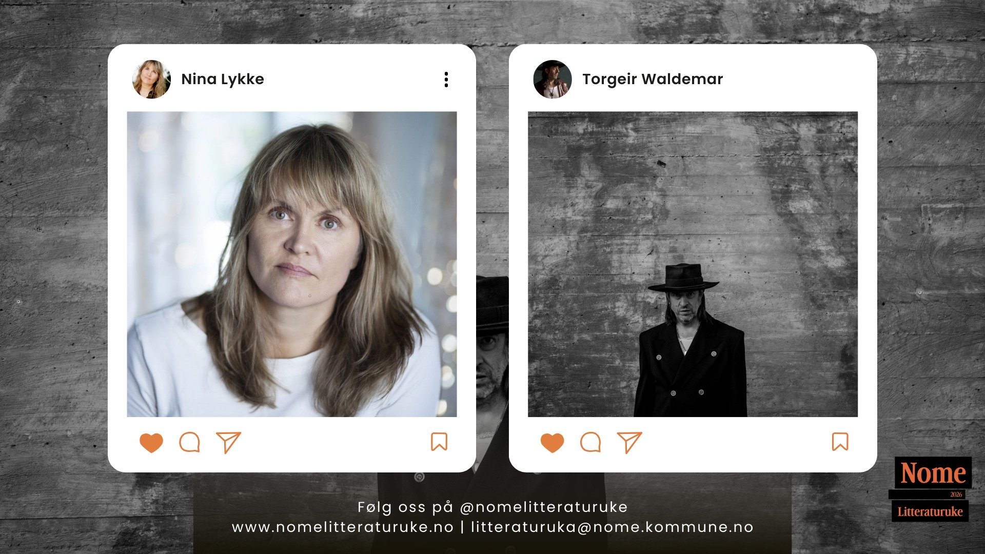 To portretter og deres Instagram-profiler for Nome Litteraturuke-arrangementet.
