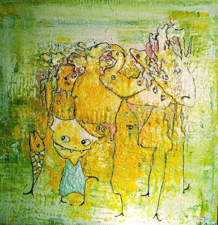 Abstrakt maling med gule figurer og grønne nyanser, inkludert en smilende karakter med store øyne.