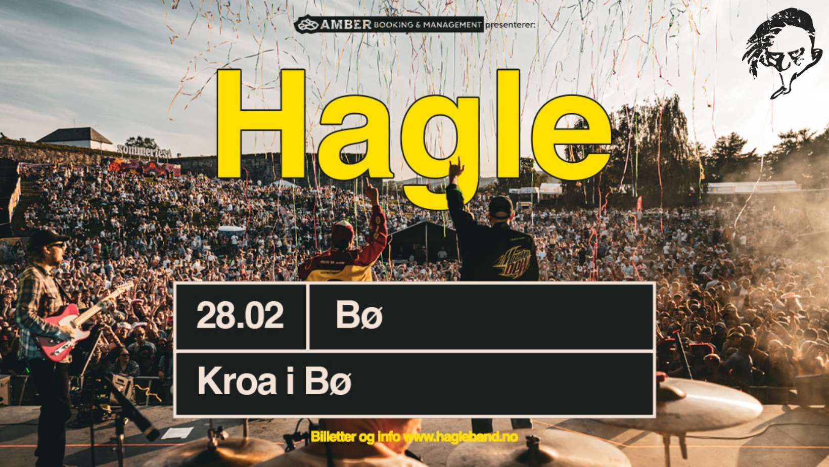 Konsertannonse for Hagle, 28. februar på Kroa i Bø. Stor publikumsmengde under utekonsert.