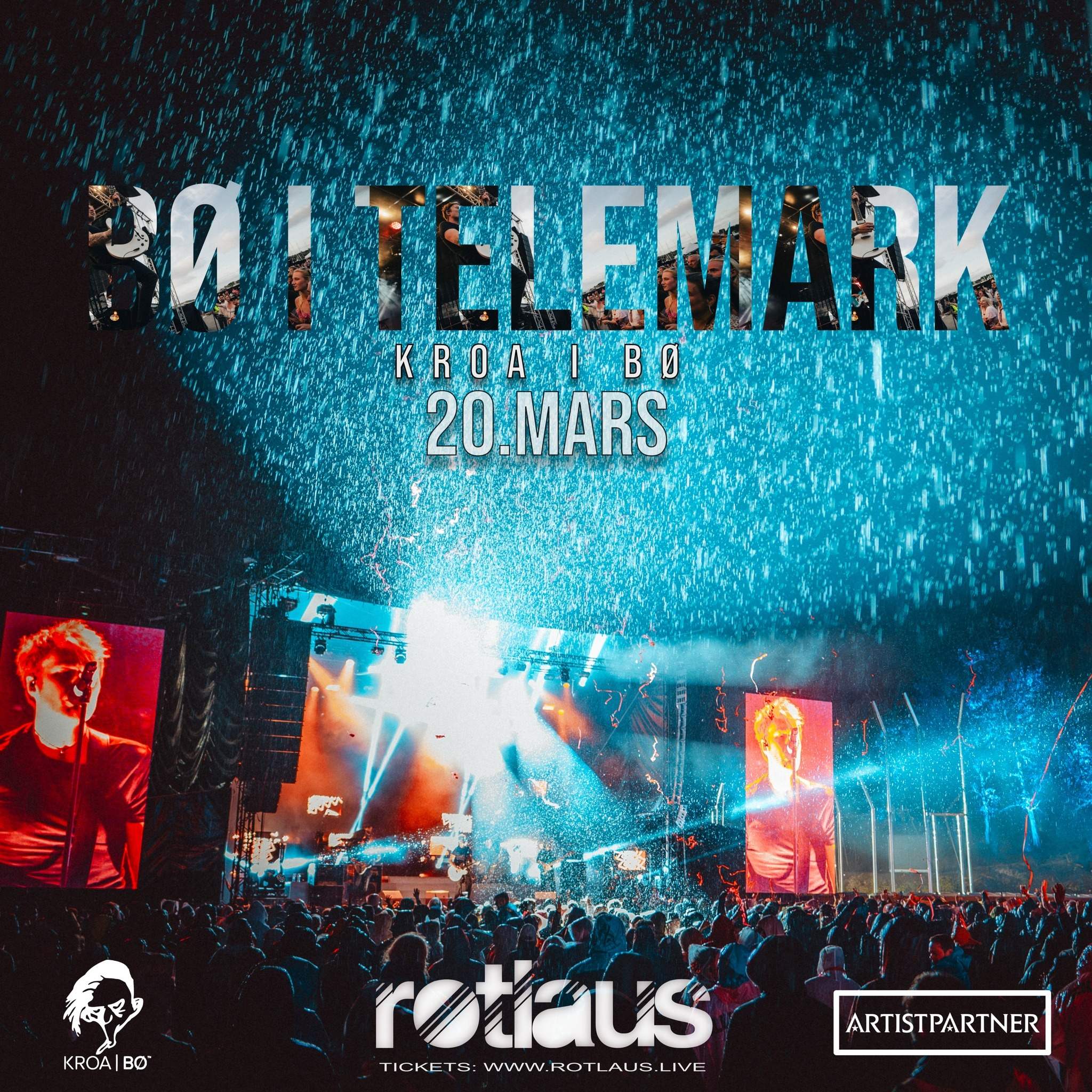 Konzertplakat for Rotlaus i Kroa i Bø, Telemark, 20. mars, med lys, scene og publikum.