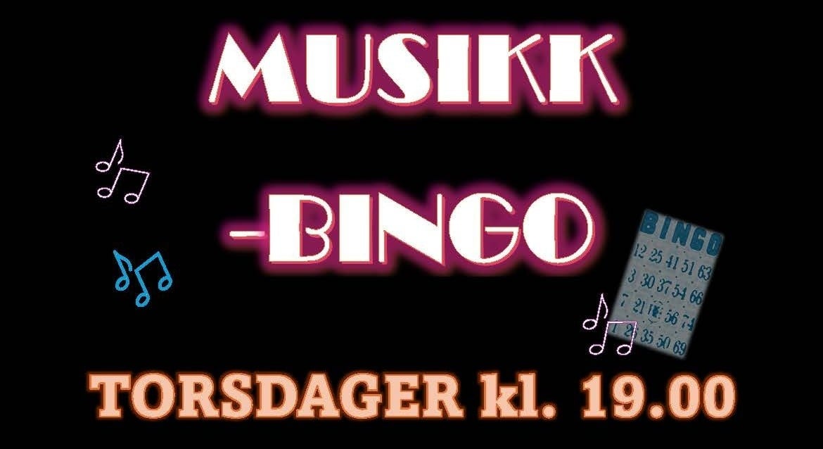 Musikk-bingo, torsdager kl. 19.00 med musikknoter og bingobrett. Fargerik og spennende event-plakat.