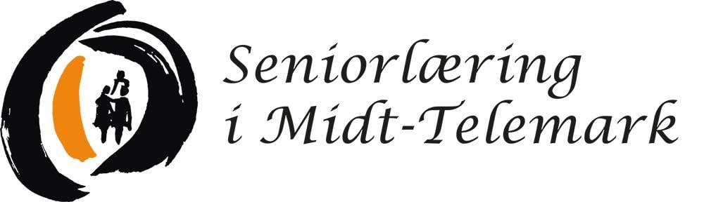 Logo for Seniorlæring i Midt-Telemark, med silhuett av personer og oransje, svart sirkeldesign.