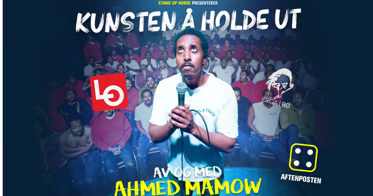 Standup-plakat: Kunsten å holde ut med komiker. Inkluderer LO og Aftenposten-logoer.