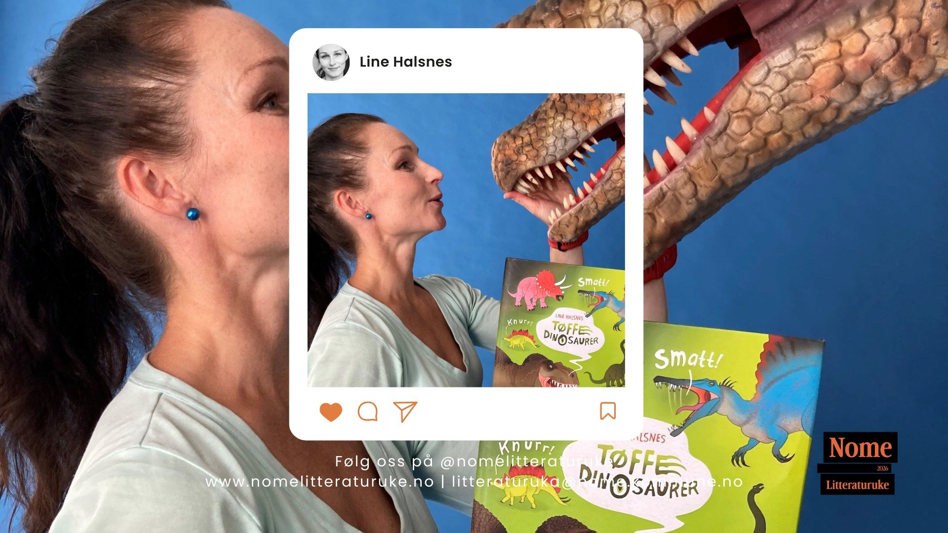 Kvinne holder barnebok om dinosaurer ved siden av en dinosaurmodell. Norsk litteraturuke-markedsføring.