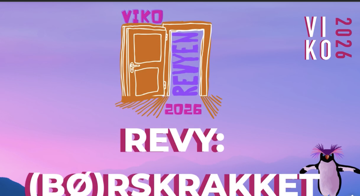 VIKO 2026 plakat: Revyen (B)ørskrakket med illustrasjon av dør og pingvin på lilla og rosa bakgrunn.
