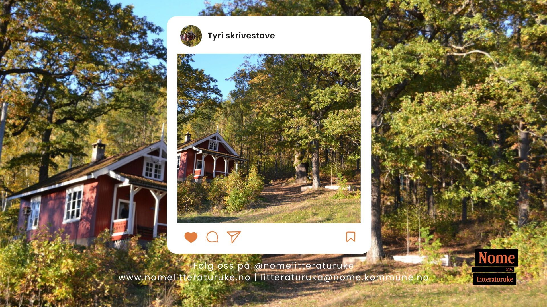 Rødt trehus i skoglysning, del av @nomelitteraturuke. Følg for mer på www.nomelitteraturuke.no.