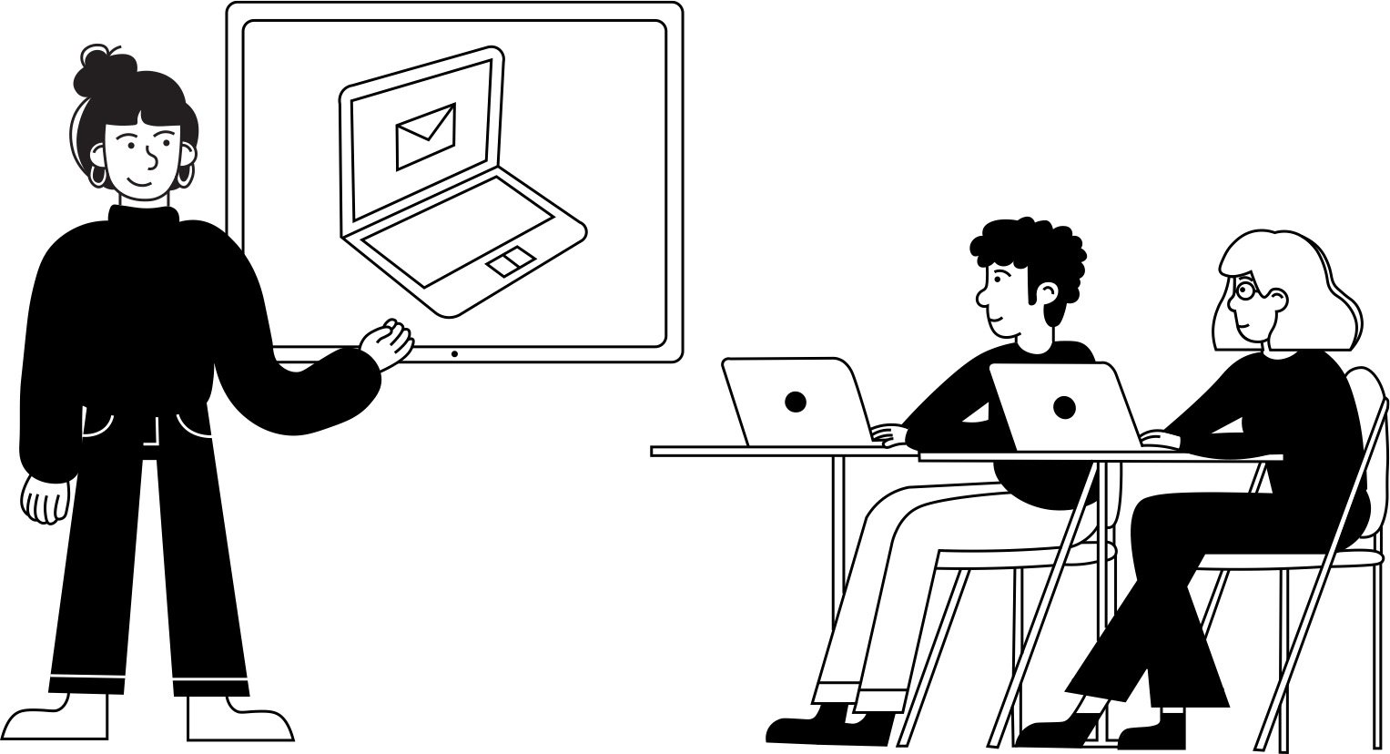 Person gir presentasjon om e-post på laptop til to personer ved skrivebord.