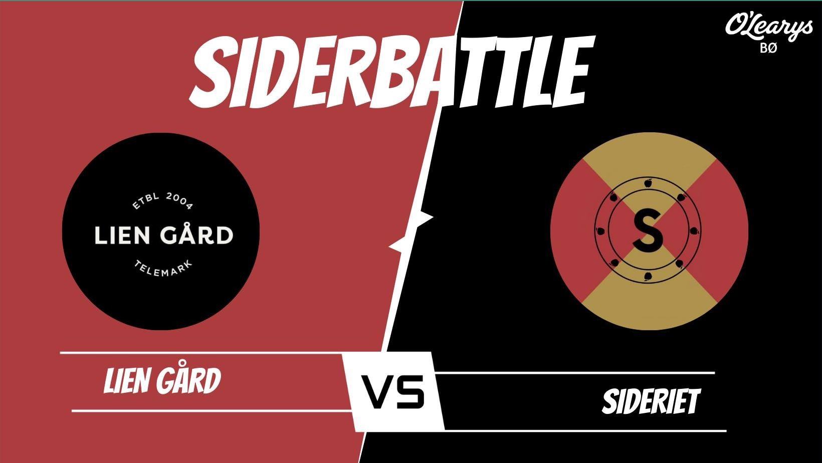 Plakat av siderkonkurranse, Lien Gård vs Sideriet, med logoer og tekst SIDERBATTLE og O'Learys BØ.