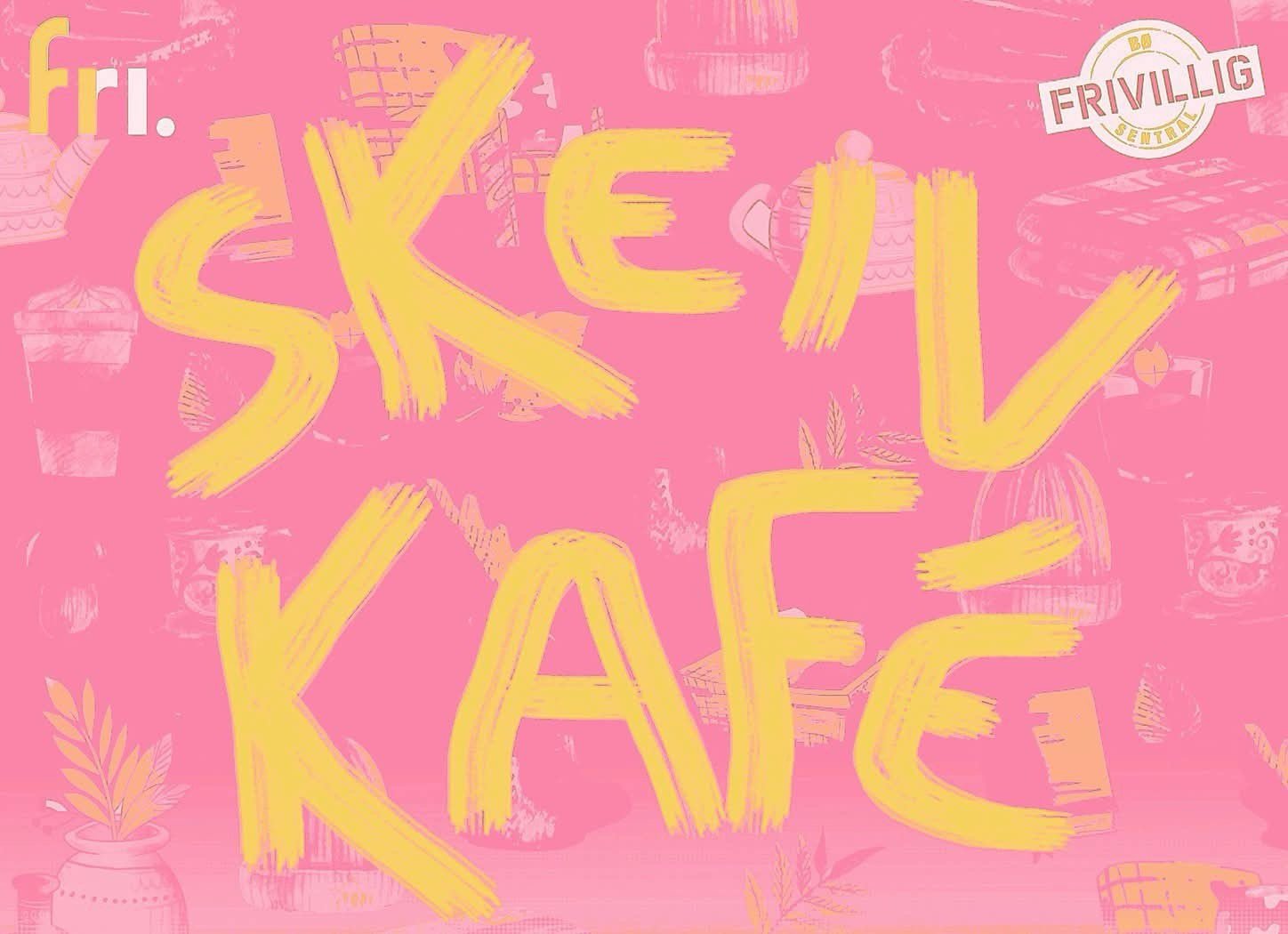 Plakat for Skeiv Kafé med rosa bakgrunn og diverse grafiske elementer, frivillig initiativ.
