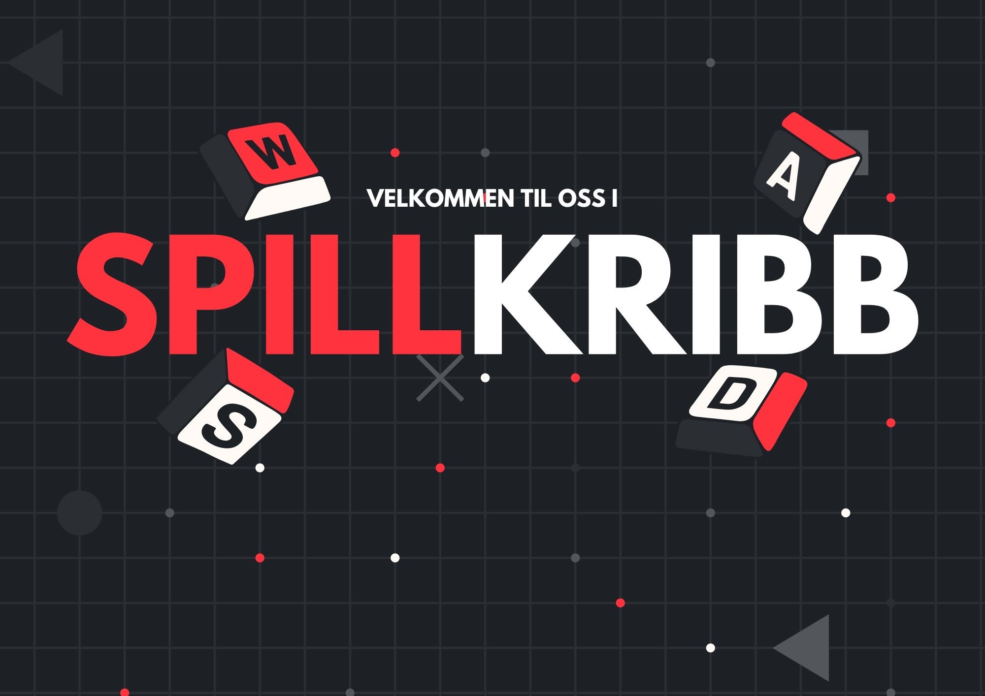 Velkommen til Spillkribb. Design med flytende tastaturknapper på mørk bakgrunn.