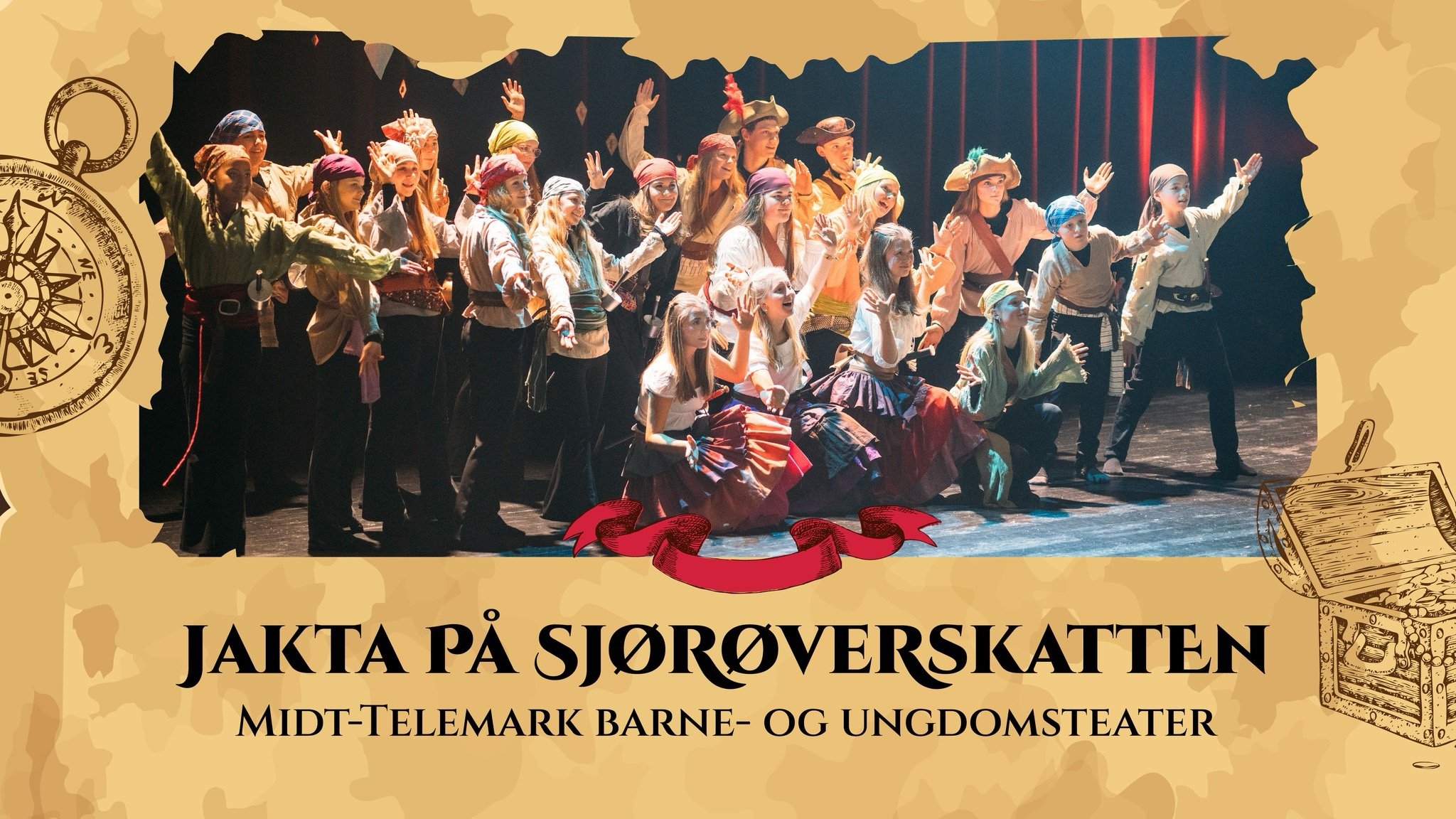 Barn og ungdom i piratkostymer på scenen under teaterforestillingen Jakta på sjørøverskatten.