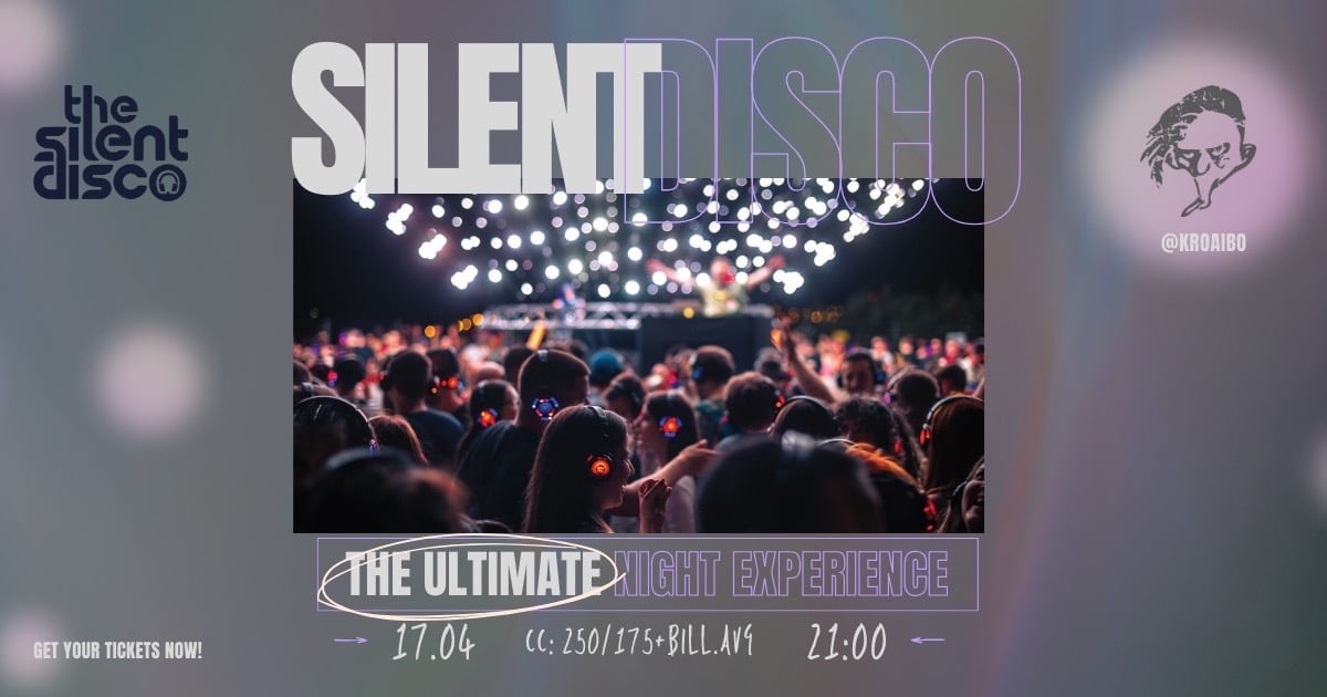 Silent disco med publikum med hodetelefoner, lysende scene i bakgrunnen. Dato: 17.04, klokken 21:00.