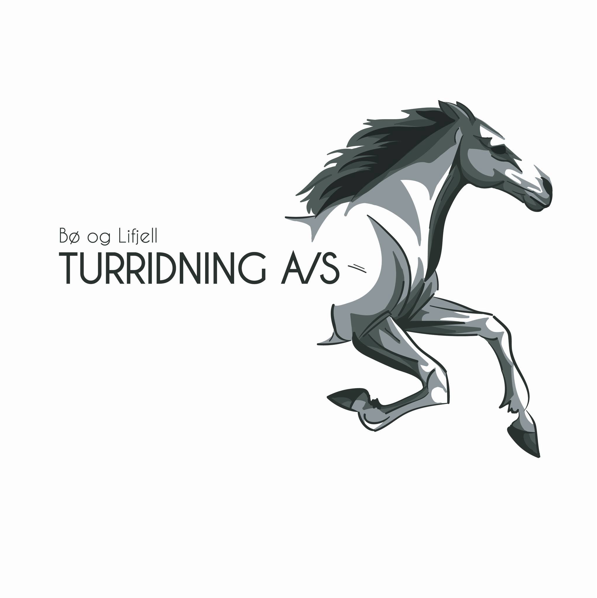 Galloperende hest ved siden av teksten Bø og Lifjell Turridning A/S på en hvit bakgrunn.