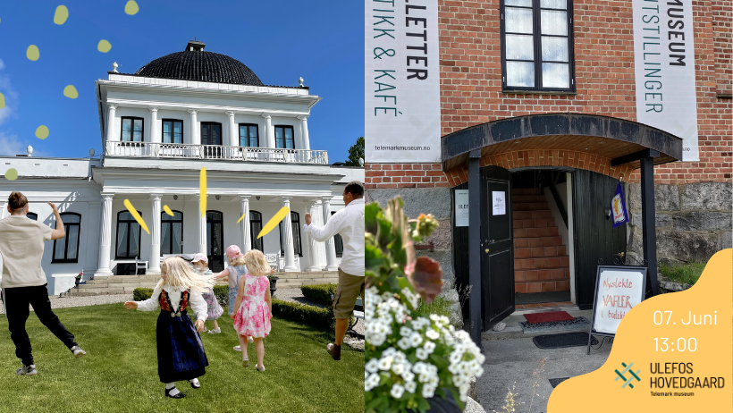 Familie som leker foran Ulefos Hovedgaard; inngang til Telemark museum med annonsering av arrangement 7. juni.