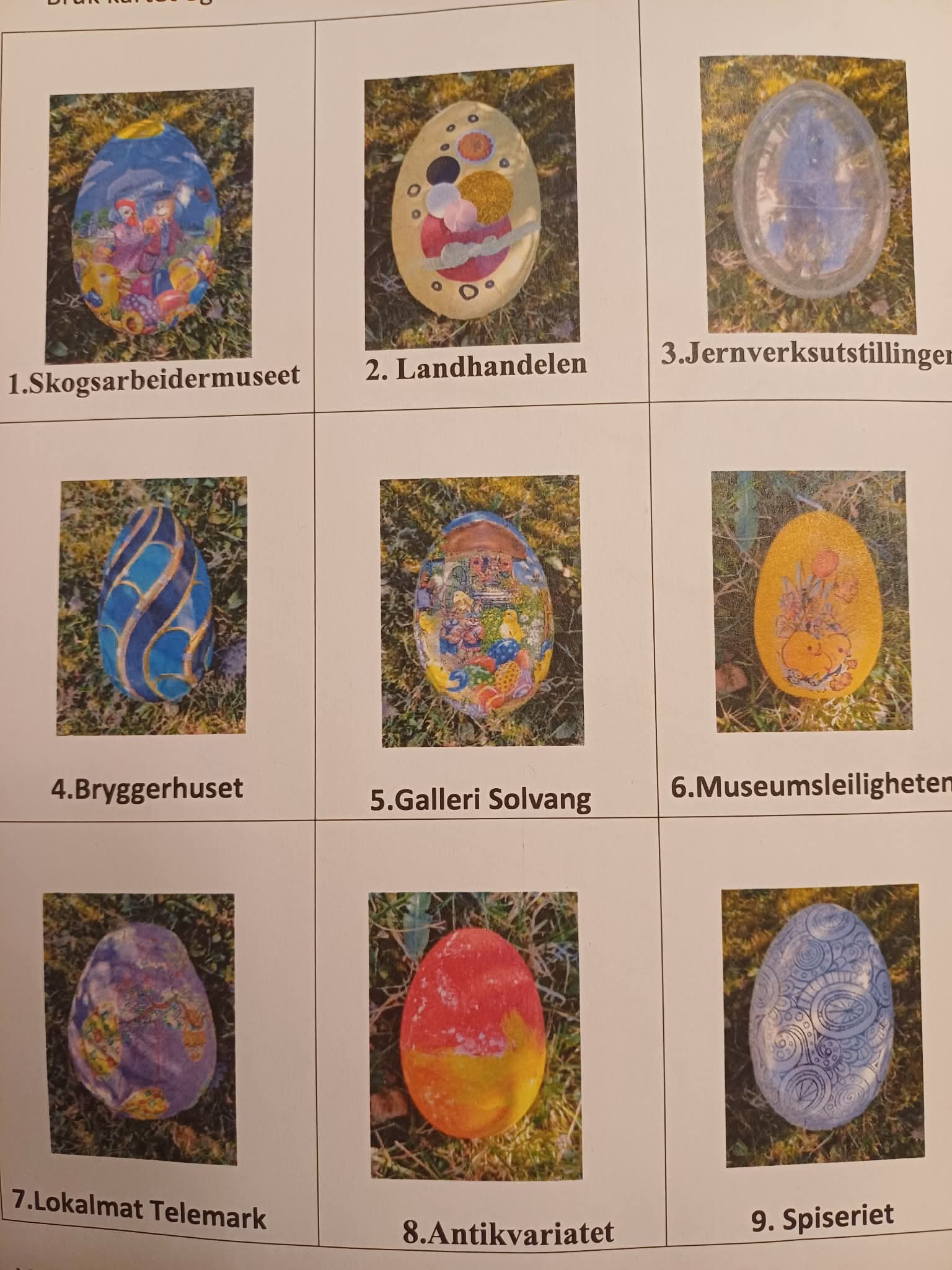 Fargerike påskeegg fra lokale attraksjoner i Telemark, hver med unik kunstverk og design.