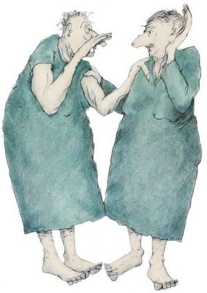 To personer i en tegneserieaktig stil, snakker og hvisker til hverandre iført grønne kjortler.