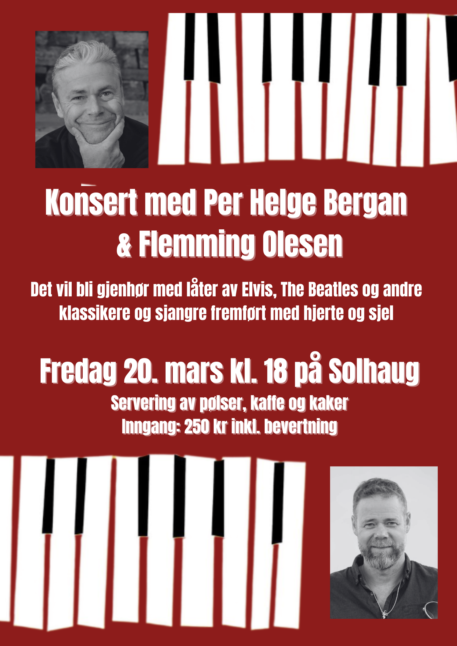 Alt-tekst: Plakat for konserten med Per Helge Bergan og Flemming Olesen, 20. mars på Solhaug med klassiske låter.