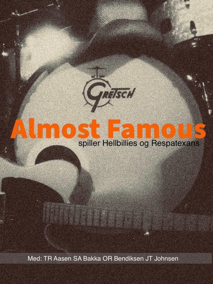 Alt-tekst: Plakat for konsert med Almost Famous som spiller Hellbillies og Respatexans, med navn på medvirkende.