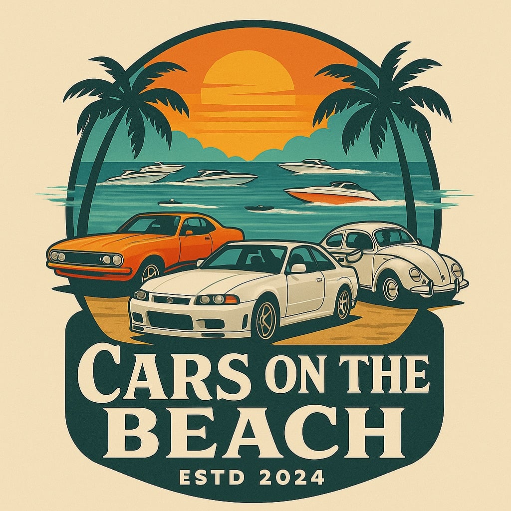 Tre stilige biler på stranden med palmer og solnedgang, merket Cars on the Beach, ESTD 2024.