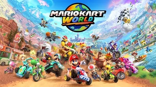 Alt-tekst: Mario Kart World med karakterer og karts i en livlig racing-arena, fullt av fart og moro.