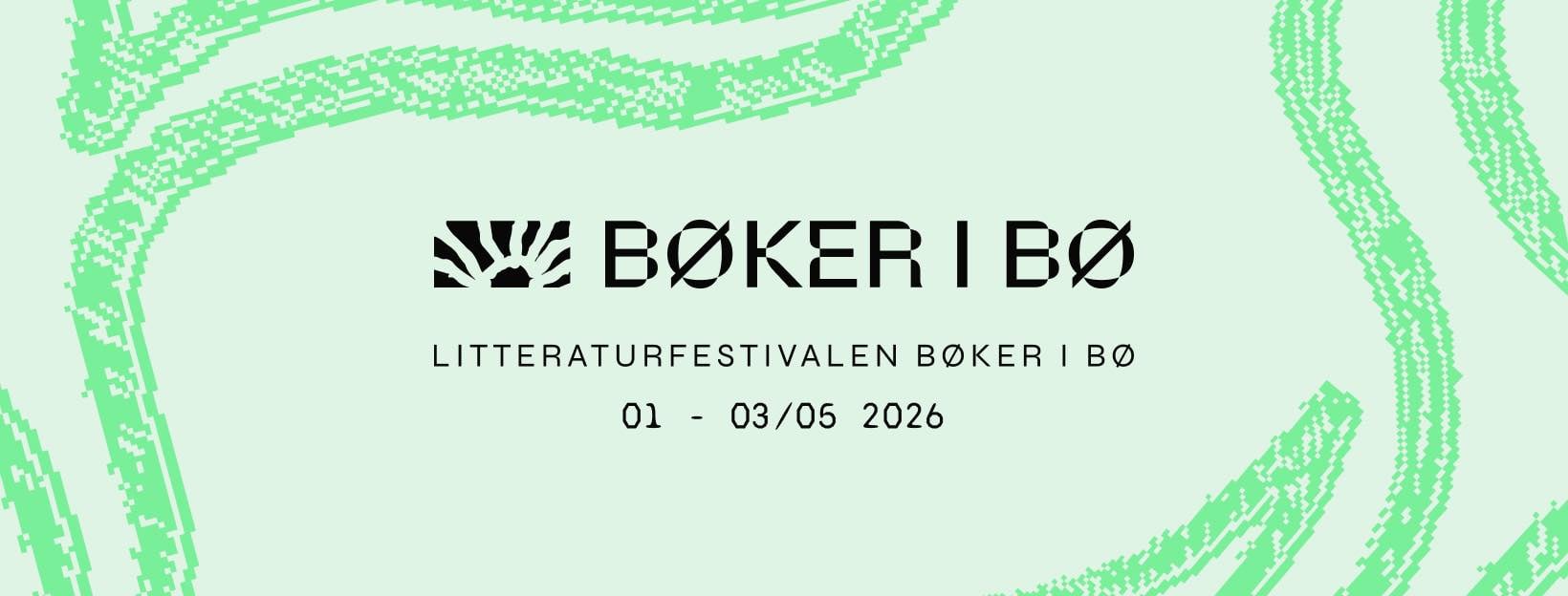 Alt-tekst: Bøker i Bø litteraturfestival 2026, 1. til 3. mai, med logo og dekorative elementer.