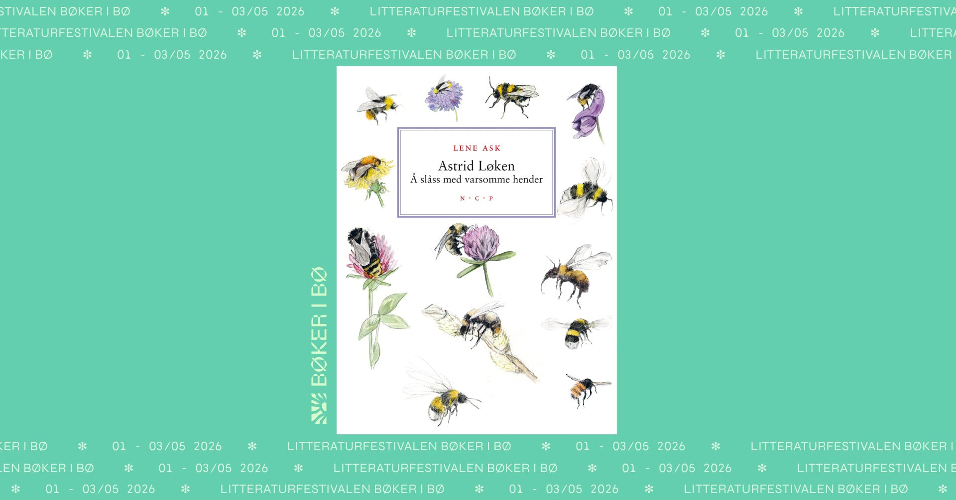 Illustrasjon av boka Å slåss med varsomme hender av Astrid Løken, med bier og blomster på omslaget.