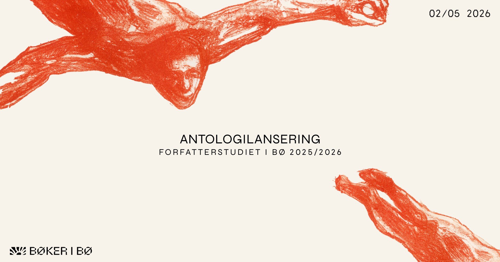 Alt-tekst: Kunstnerisk plakat for antologilansering av forfatterstudiet i Bø, 2. mai 2026.