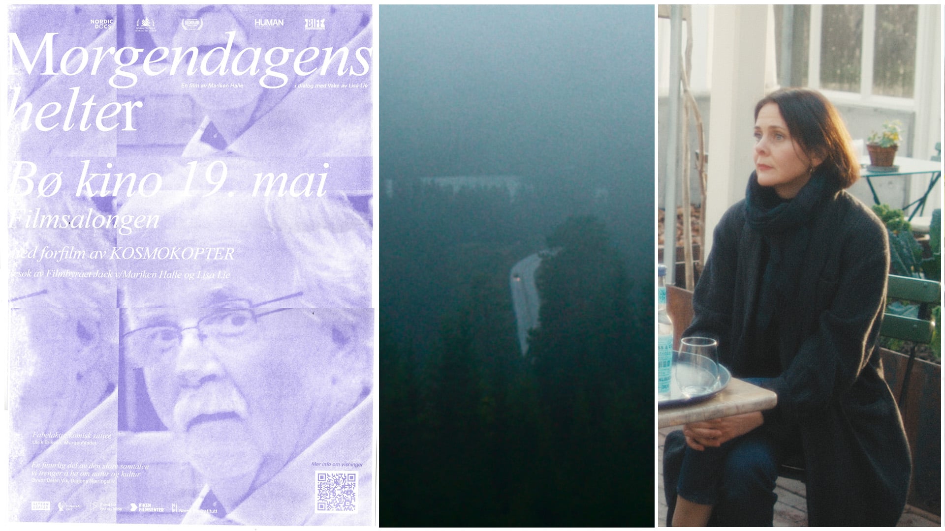 Plakat for filmen Morgendagens helter med Mariken Halle, samt en kvinne i cafésetting. Kinodato: 19. mai.