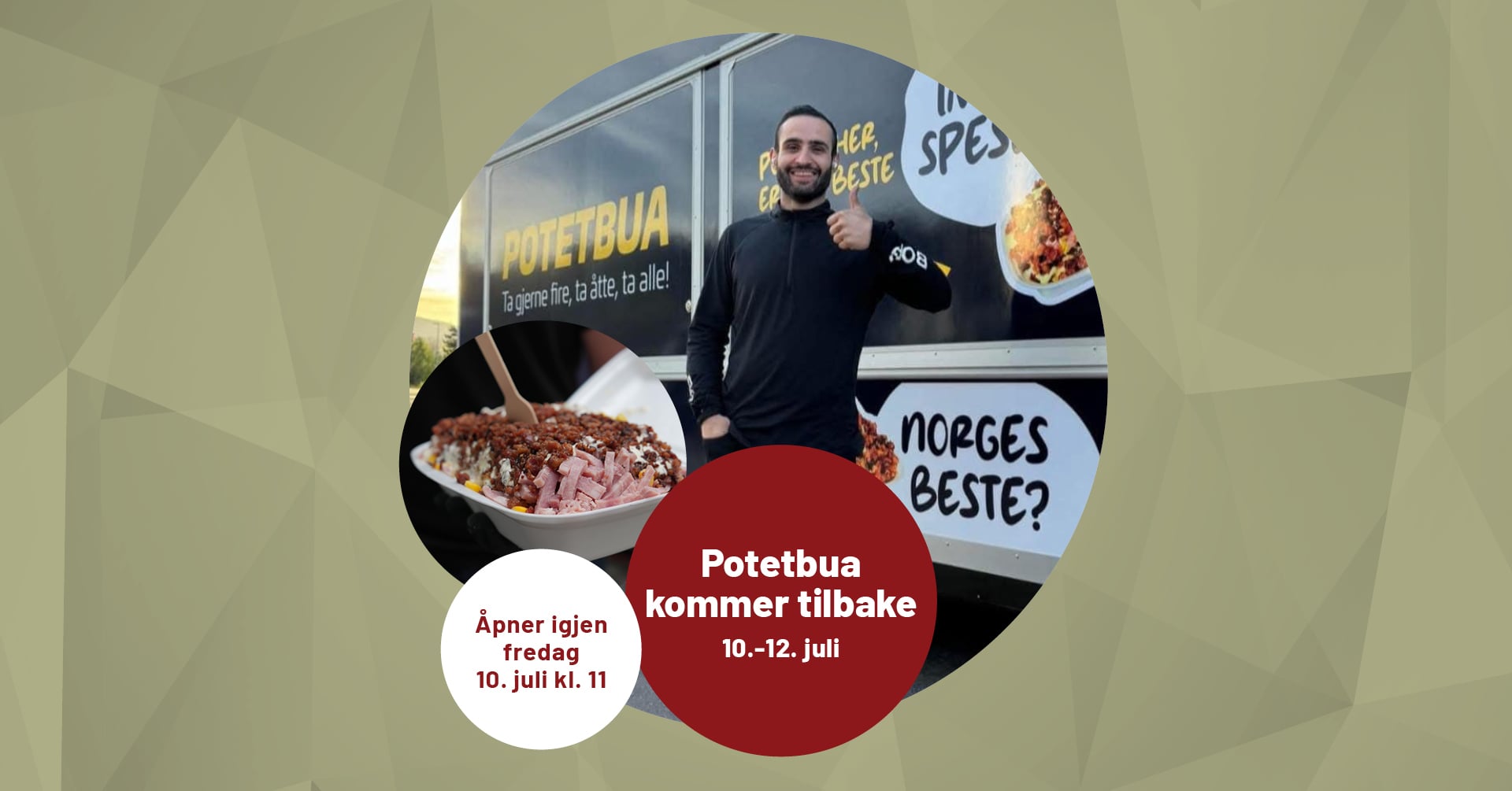 Glad mann foran Potetbua-trucken som åpner 10.-12. juli med deilige potetretter.