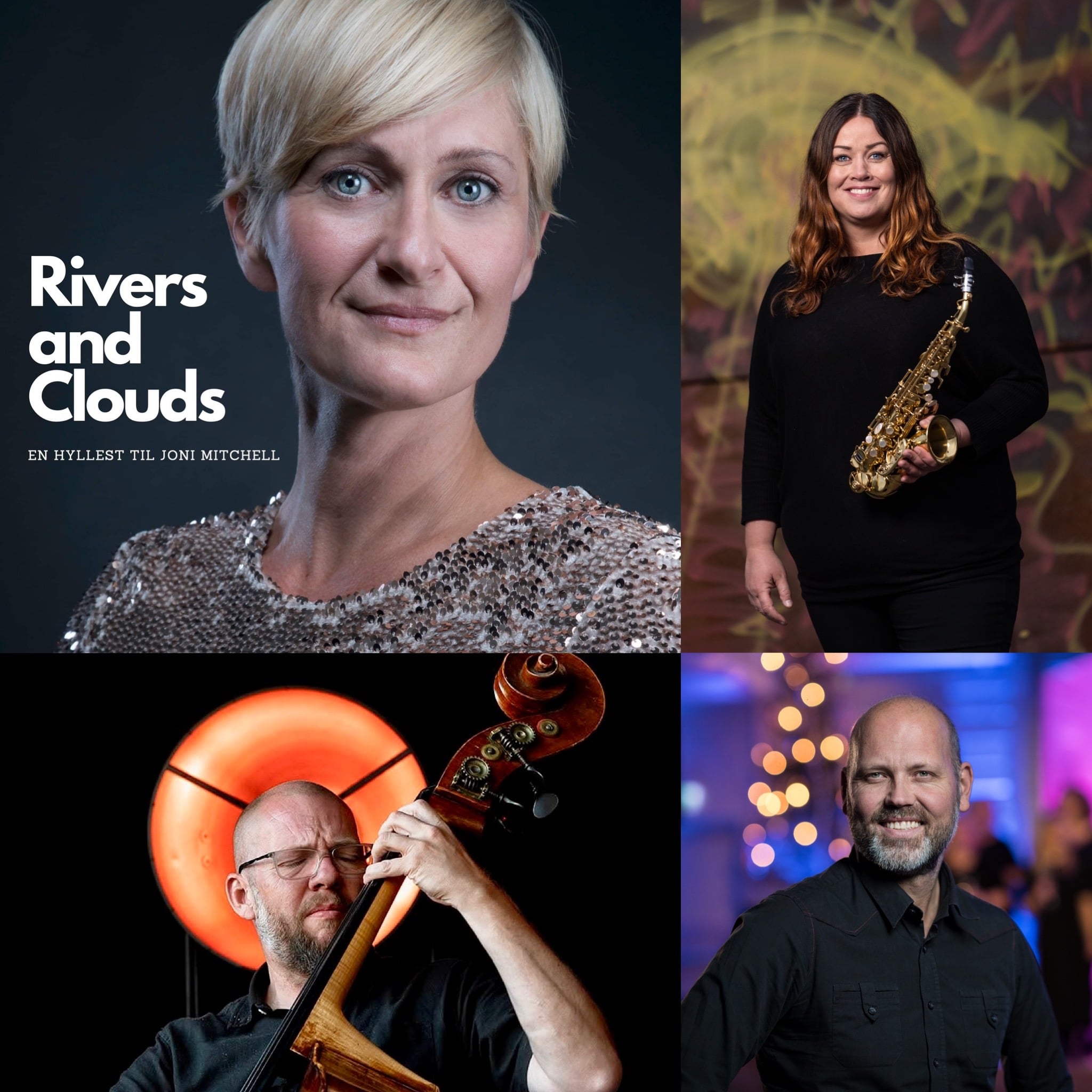 Alt-tekst: Fire musikere deltar i Rivers and Clouds, en hyllest til Joni Mitchell med saxofon og kontrabass.