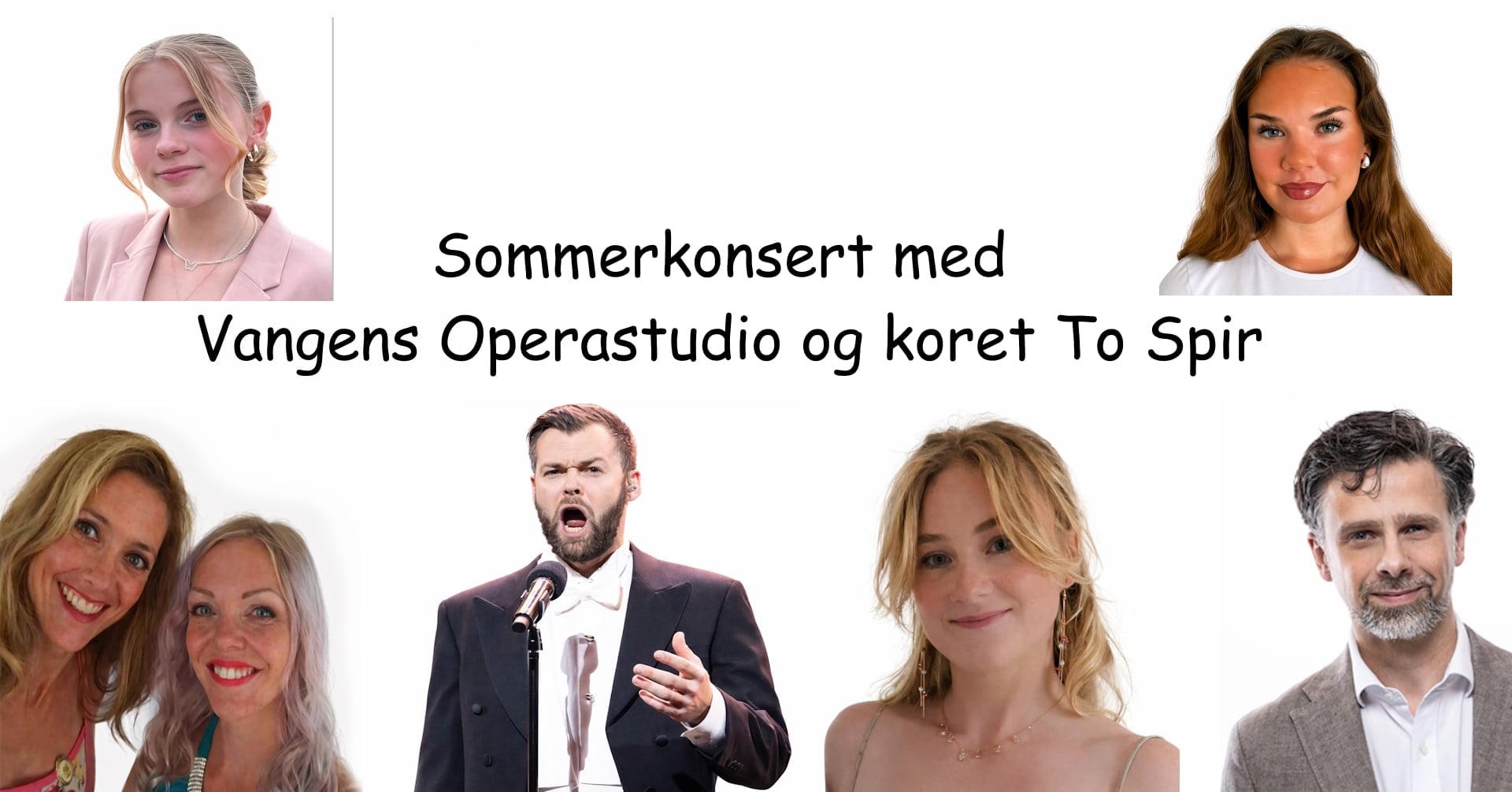 Alt-tekst: Sommerkonsert med Vangens Operastudio og koret To Spir, featuring sangere og artister på scenen.