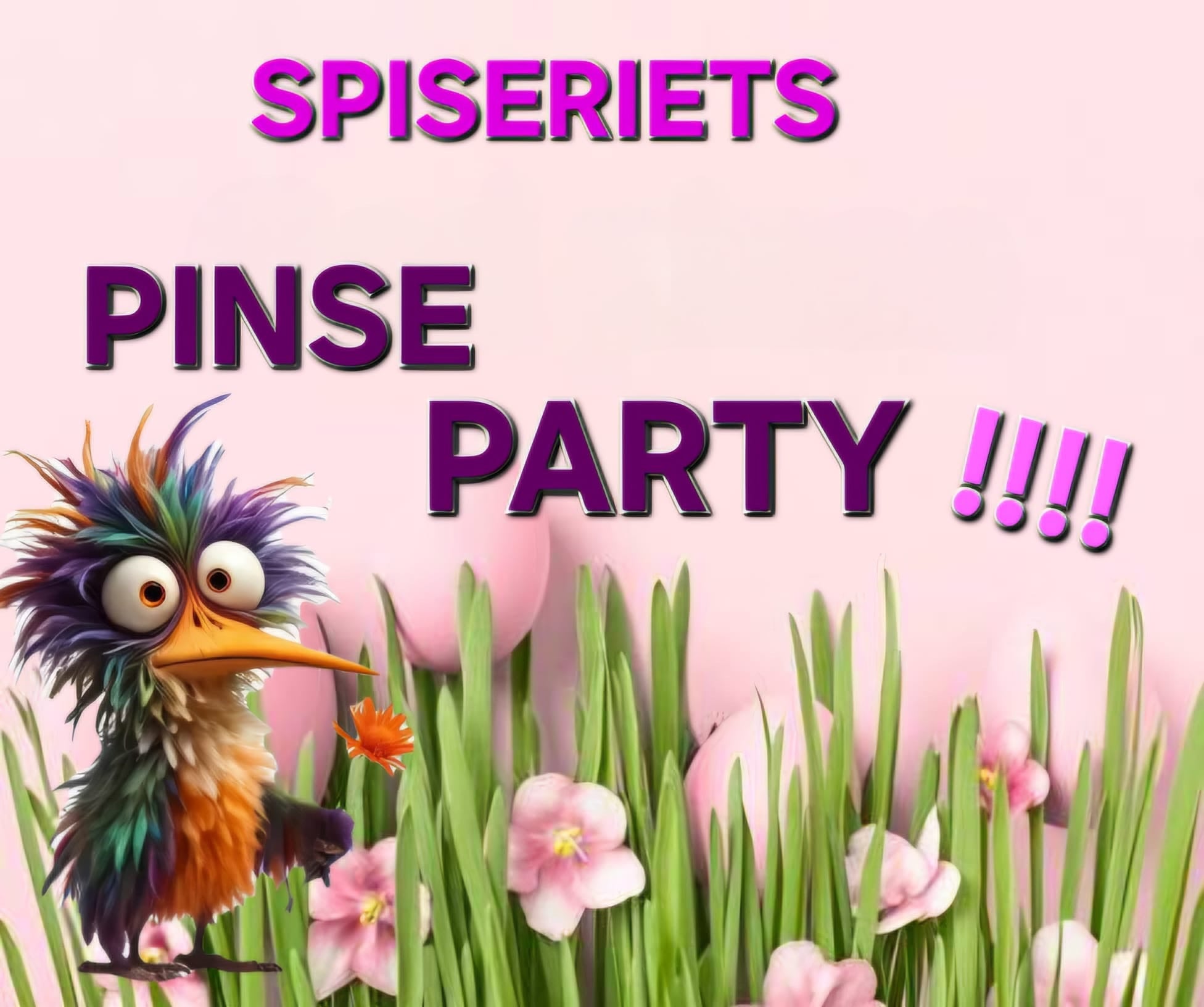 Alt-tekst: Fargerik fugl står i grønt gress med rosa påskeegg og blomster, med teksten Pinse Party i bakgrunnen.