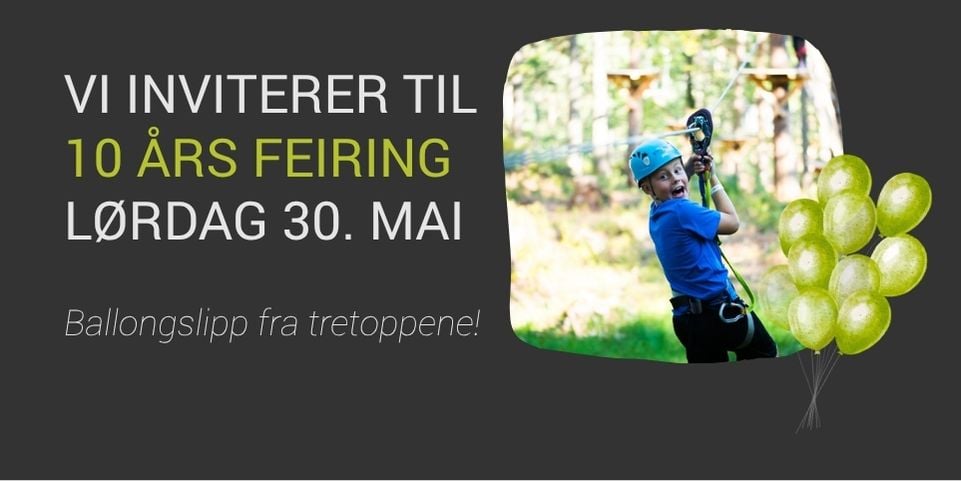 Alt-tekst: Barn feirer 10-årsjubileum med ballongsnipp fra tretoppene på et spennende arrangement lørdag 30. mai.
