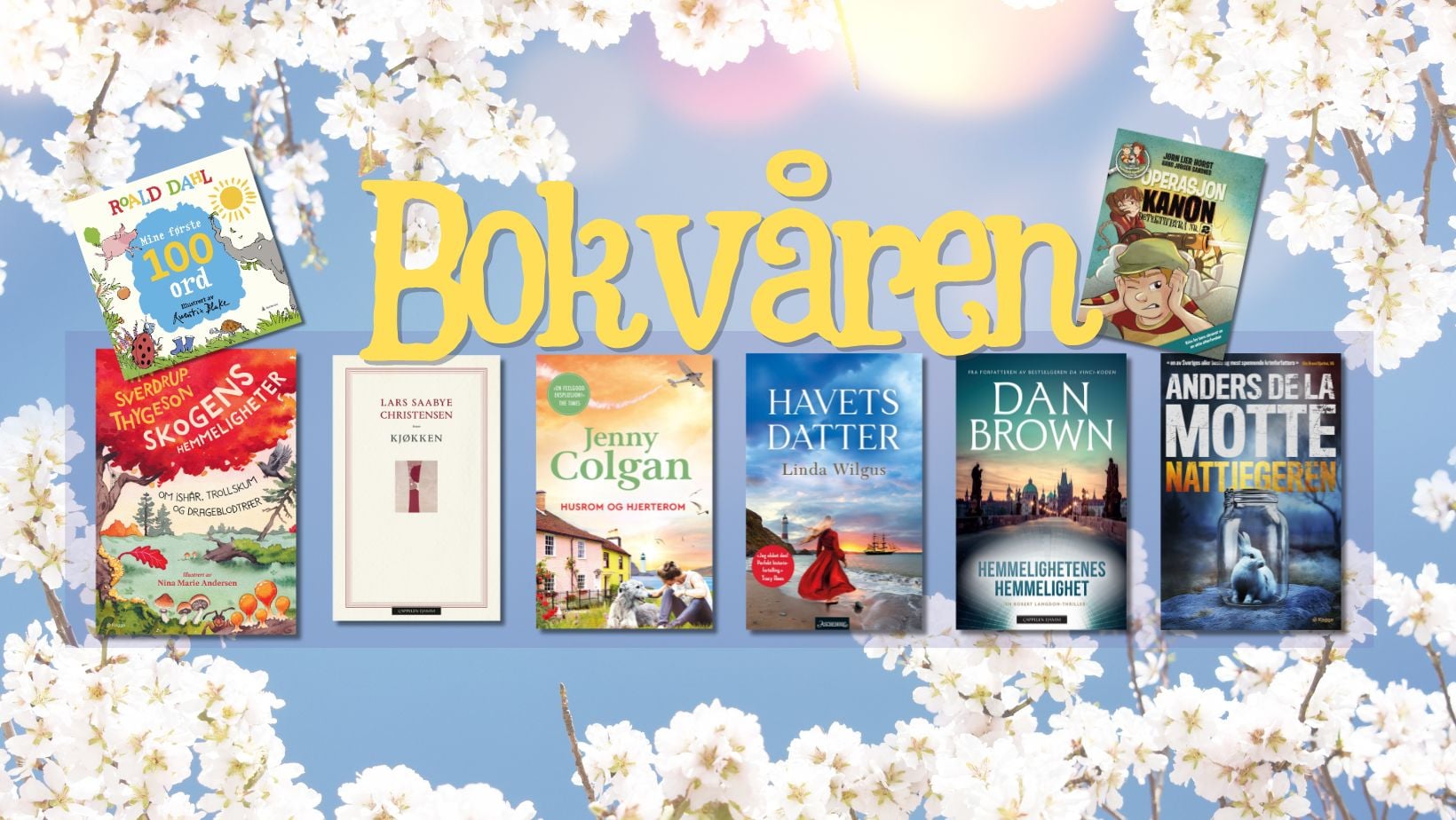 Alt-tekst: Bokvåren: utvalg av bøker med blomsterbakgrunn, inkludert titler av Roald Dahl, Dan Brown og Jenny Colgan.