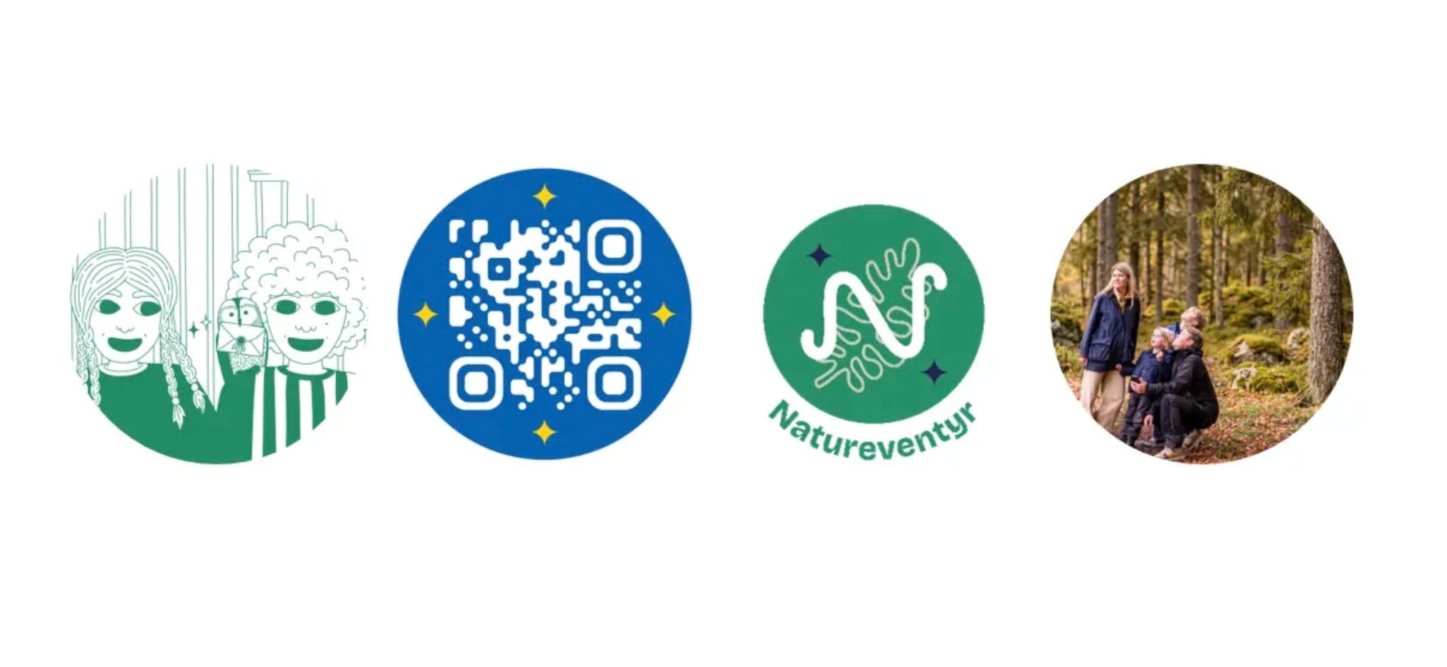 Illustrasjoner av barn, QR-kode og naturaktiviteter, fremmer utendørs eventyr for familier i Norge.