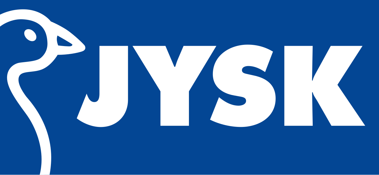 Alt-tekst: JYSK-logo med en blå bakgrunn, kjent for sitt brede utvalg av møbler og interiørartikler.