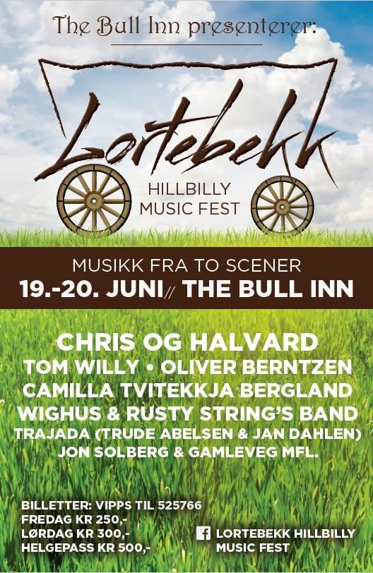 Alt-tekst: Plakat for Lortebekk Hillbilly Music Fest, 19.-20. juni på The Bull Inn, med flere artister og billettpriser.