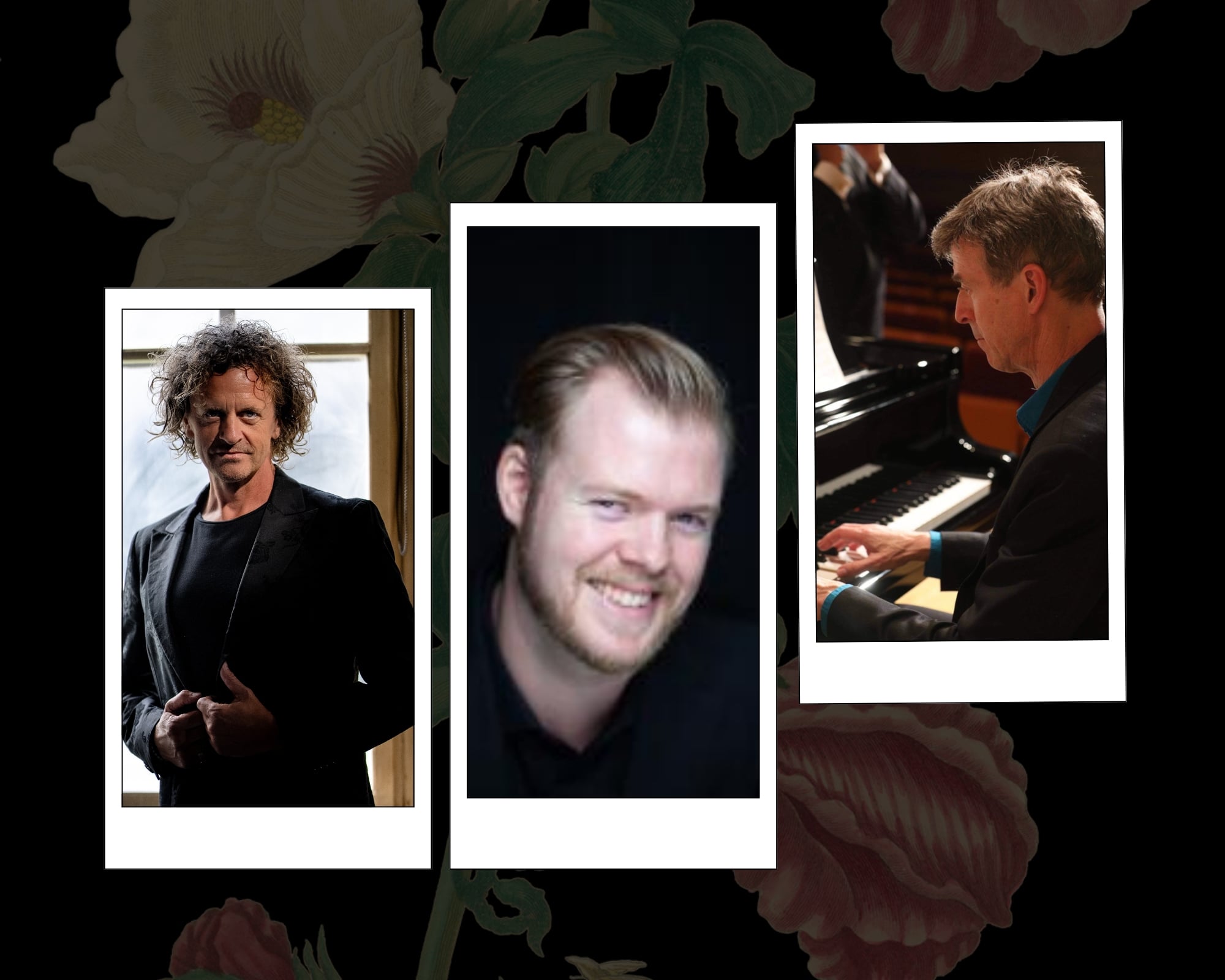 Tre menn med forskjellige uttrykk: en med krøllet hår, en smilende, og en som spiller piano.