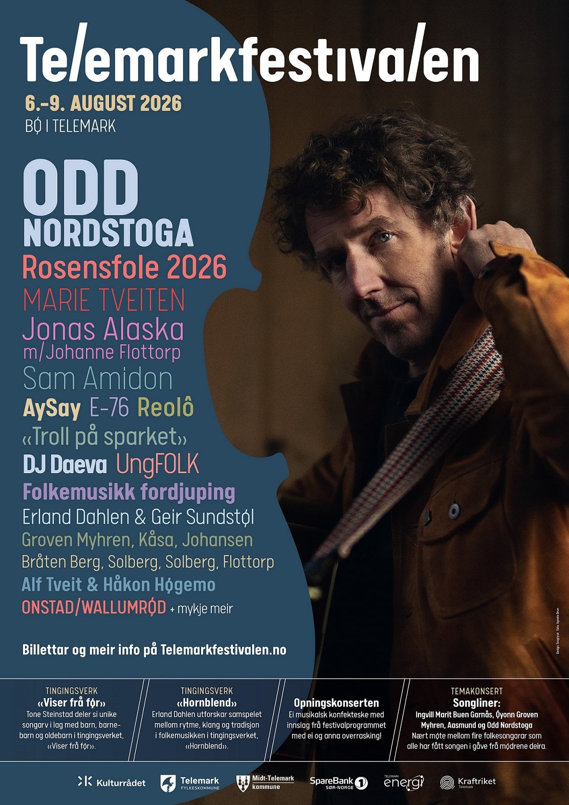 Alt-tekst: Plakat for Telemarkfestivalen 2026 med bilder og artister som Odd Nordstoga og Jonas Alaska.