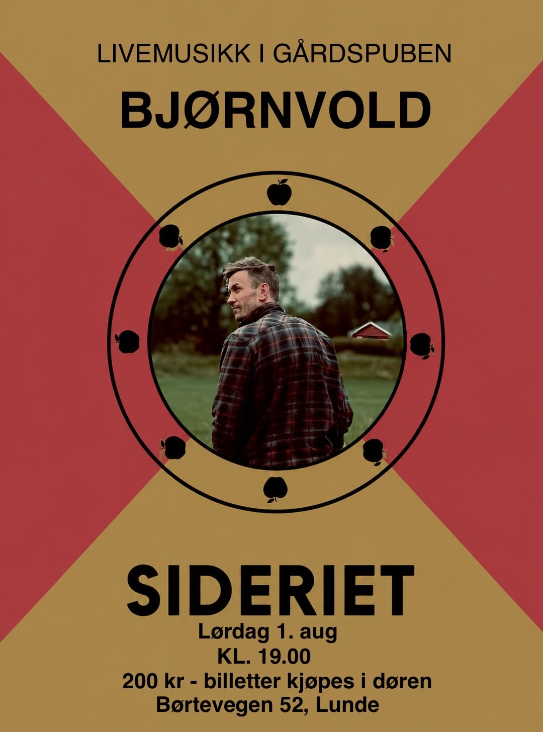 Konsertplakat for Bjørnvold i Gårdspuben, Sideriet, lørdag 1. august kl. 19. Billetter kjøpes i døren.