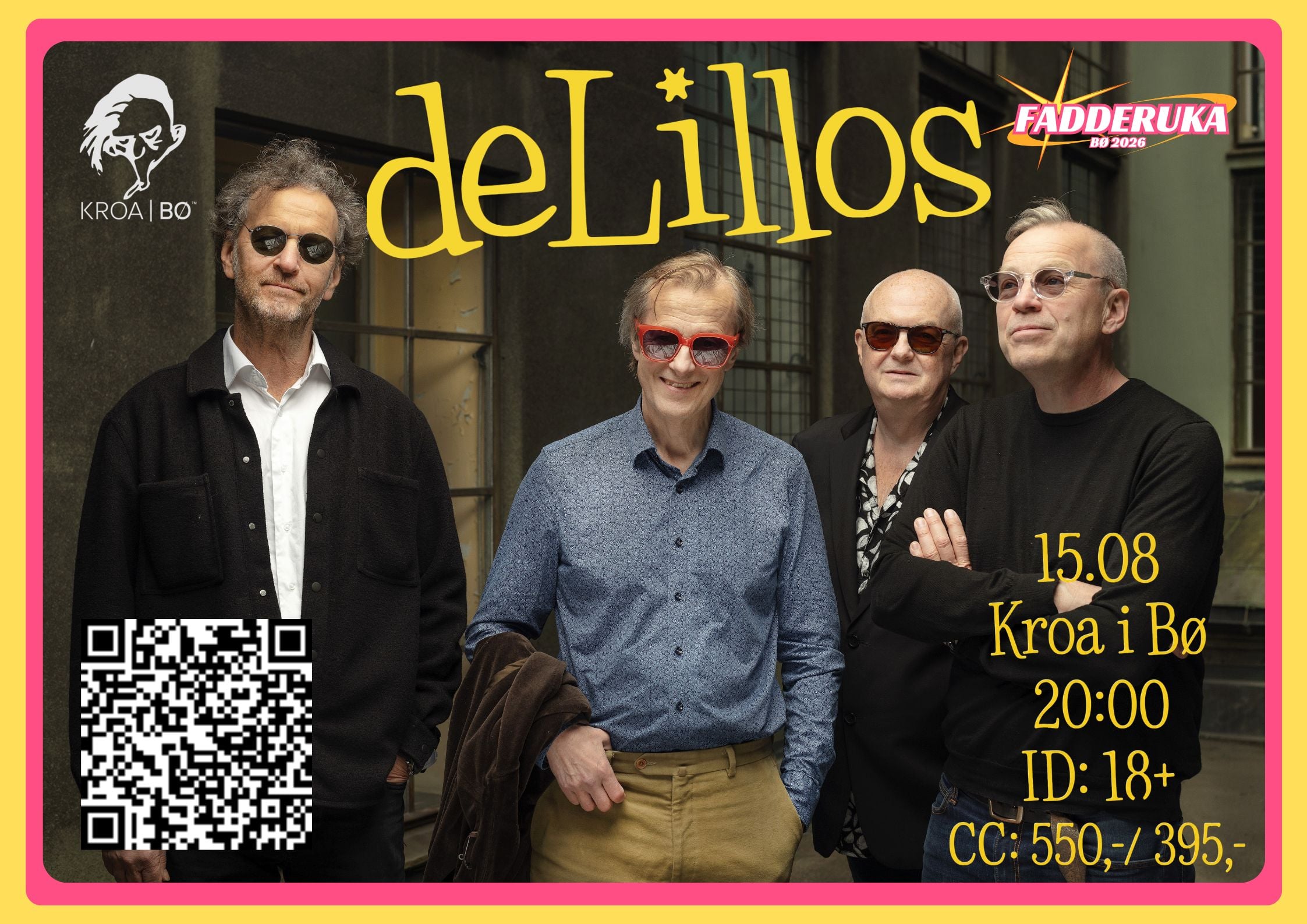 Alt-tekst: deLillos-konsert 15. august i Kroa i Bø, med tre musikere i solbriller.