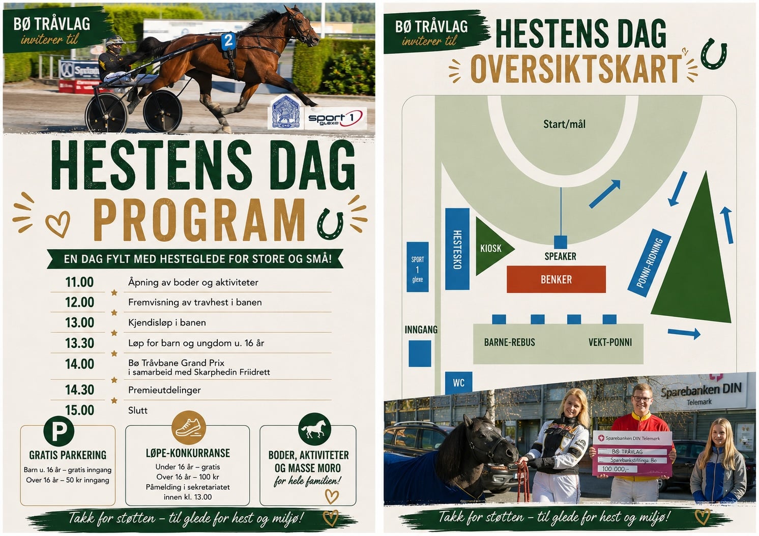 Alt-tekst: Program for Hestens Dag med aktiviteter, løp og oversiktskart på Bø Travbane, Norges hestefest for hele familien.