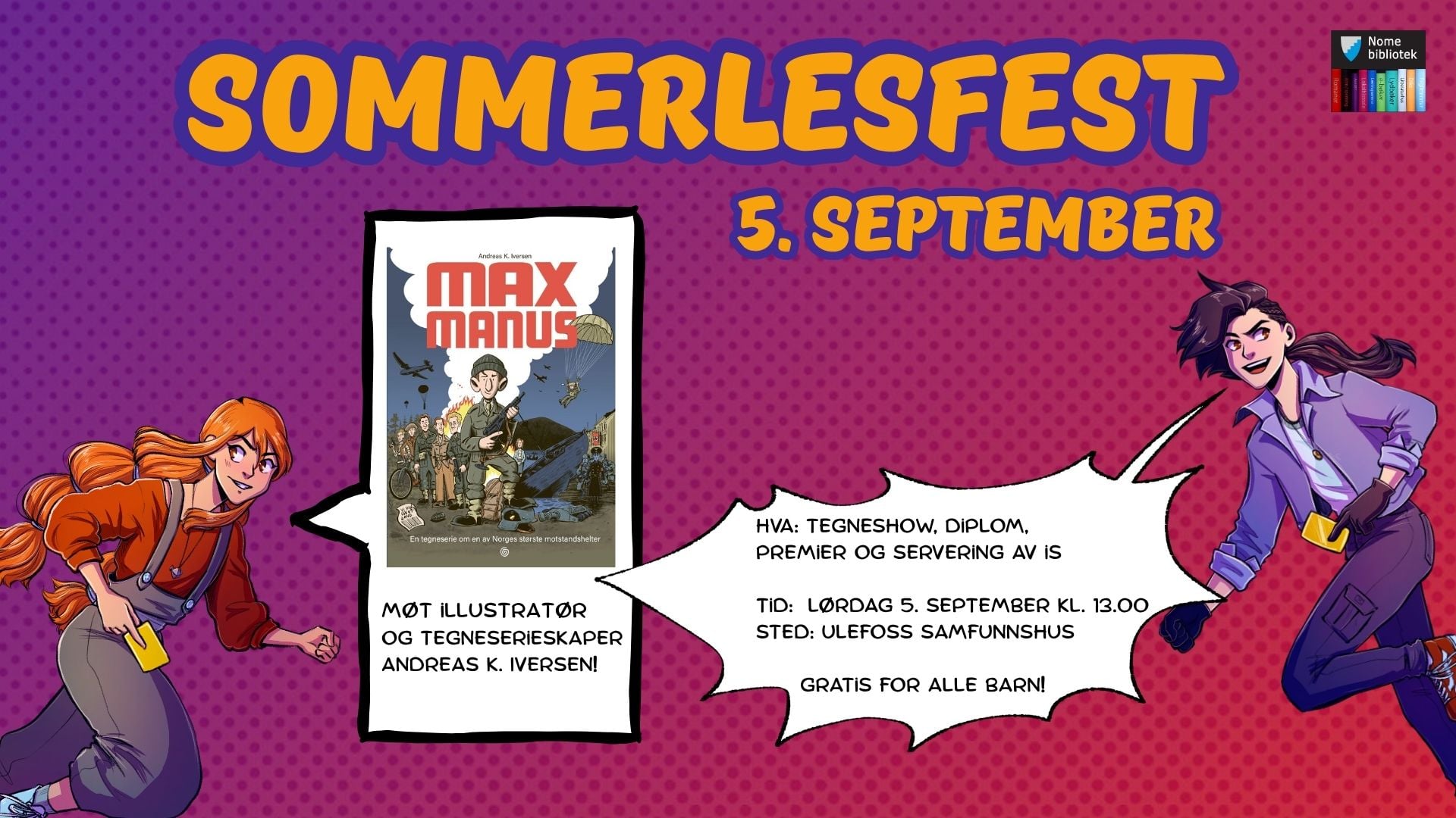 Alt-tekst: Plakat for Sommerlesfest 5. september med illustrasjoner, informasjon om arrangement og forfatter Andreas K. Iversen.