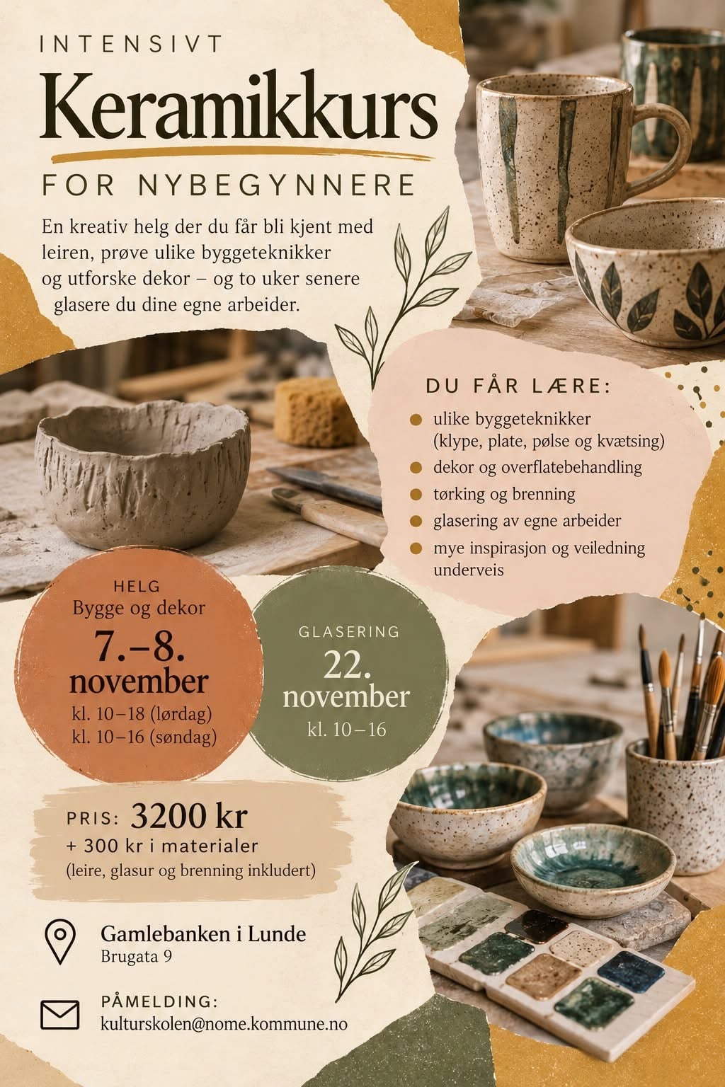 Alt-tekst: Informasjonsplakat for keramikkurs for nybegynnere, inkludert datoer og læringsinnhold.