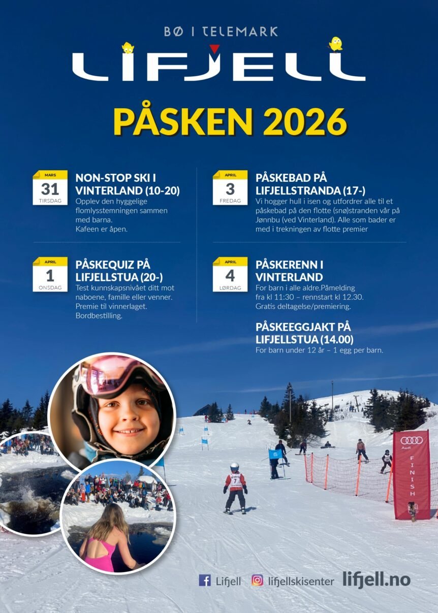 Alt-tekst: Aktiviteter i Lifjell, Telemark, påsken 2026: skikjøring, påskebad og eggjakt for barn.